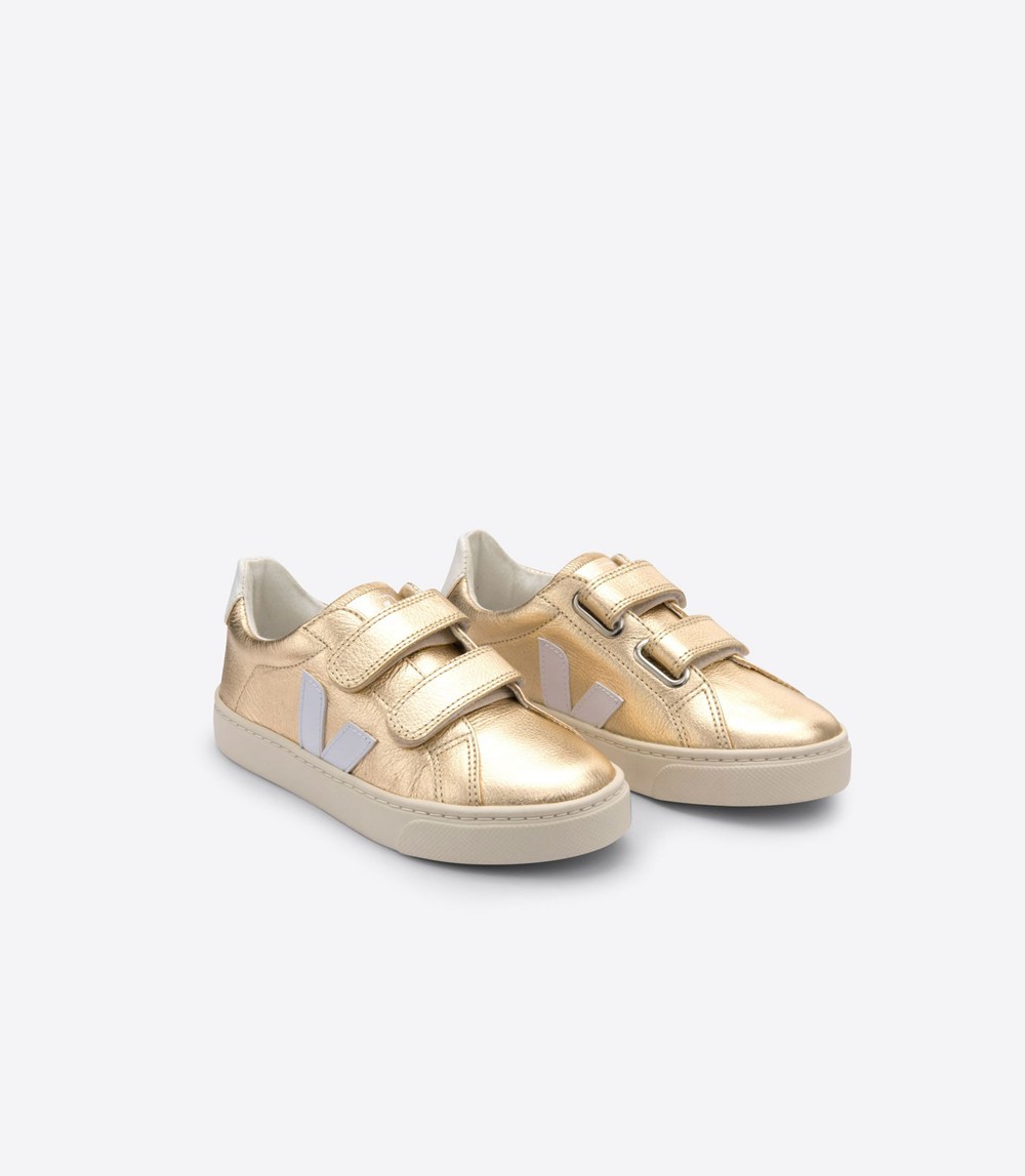 Veja Sneakers Barn - Esplar Velcro Chromefree Läder - Guld/Vita - 621098-BPU